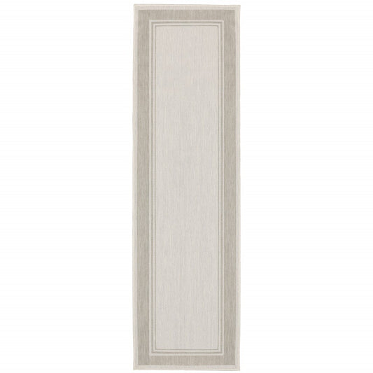 HomeRoots 2' x 7' Ivory and Gray Bordered Indoor Outdoor Runner Rug