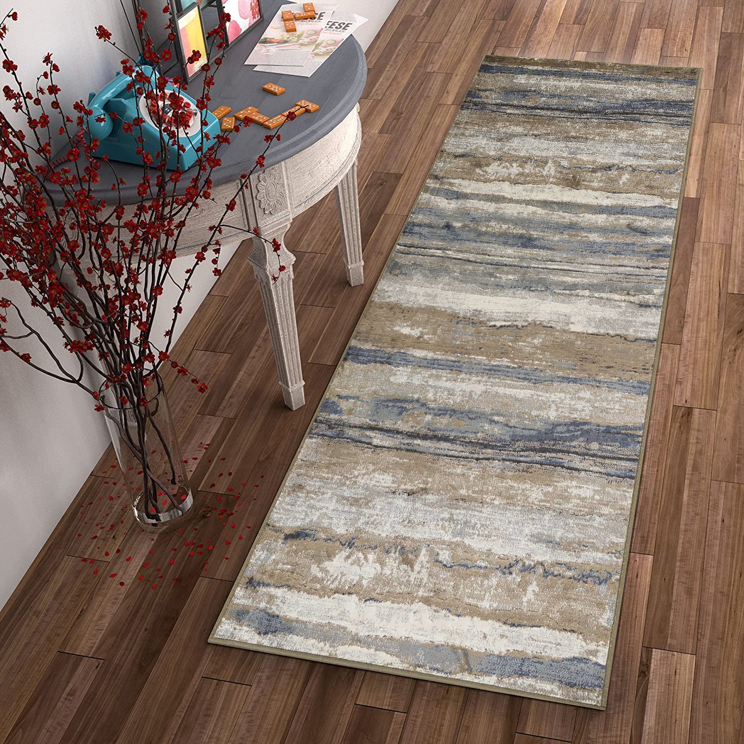 HomeRoots 2' x 7' Ivory or Blue Landscape Viscose Runner Rug