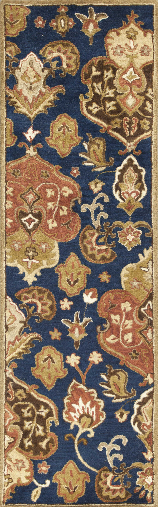 HomeRoots 2' x 7' Navy Floral Tapestry Wool Runner Rug