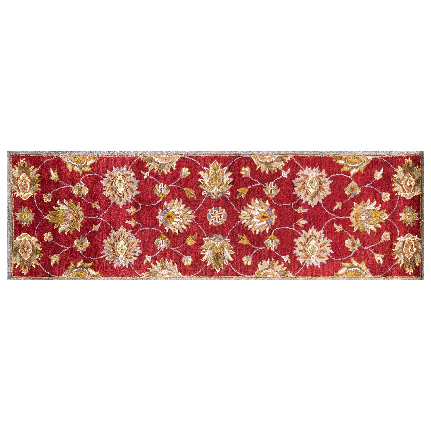 HomeRoots 2' x 7' Red Floral Vines Bordered Wool Runner Rug