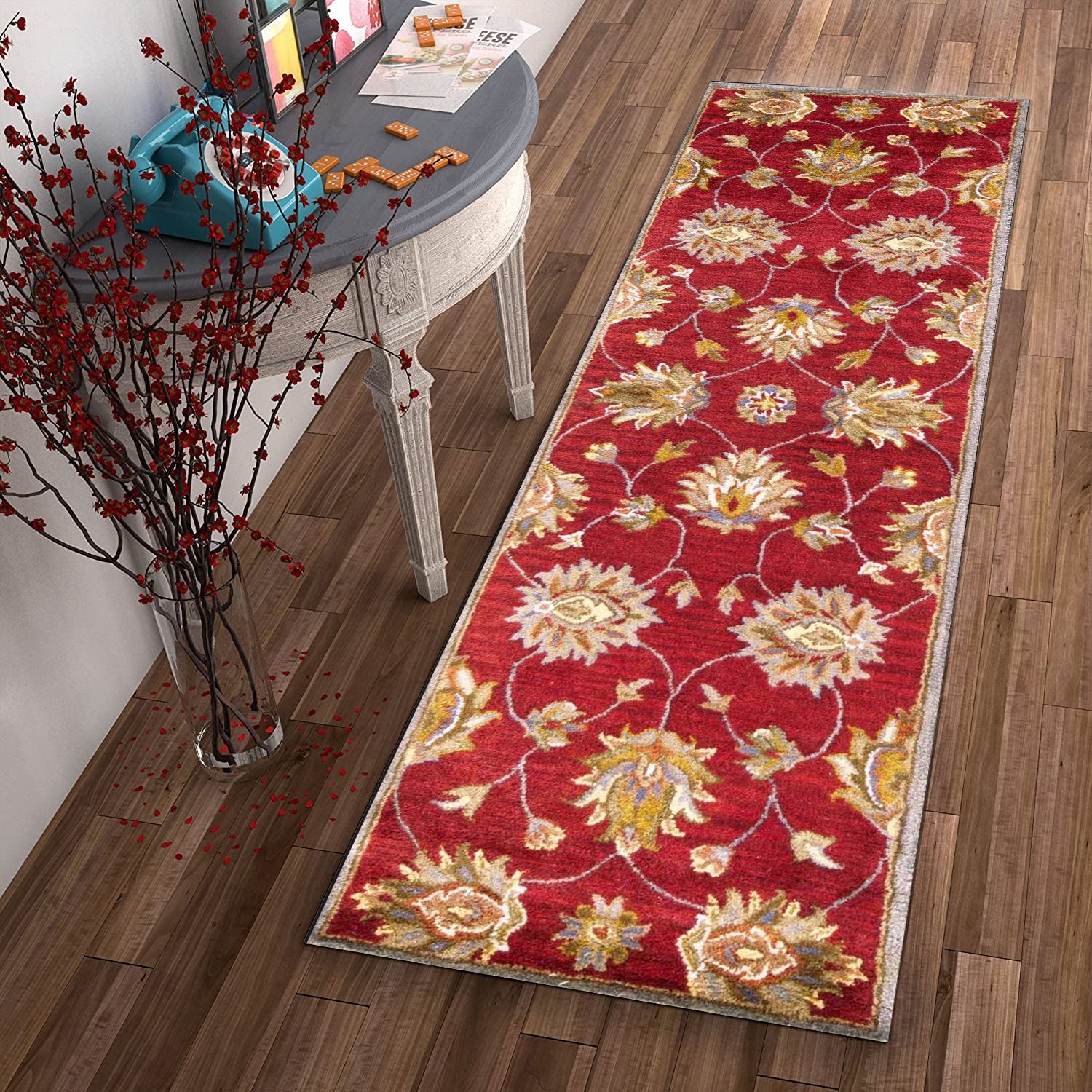 HomeRoots 2' x 7' Red Floral Vines Bordered Wool Runner Rug