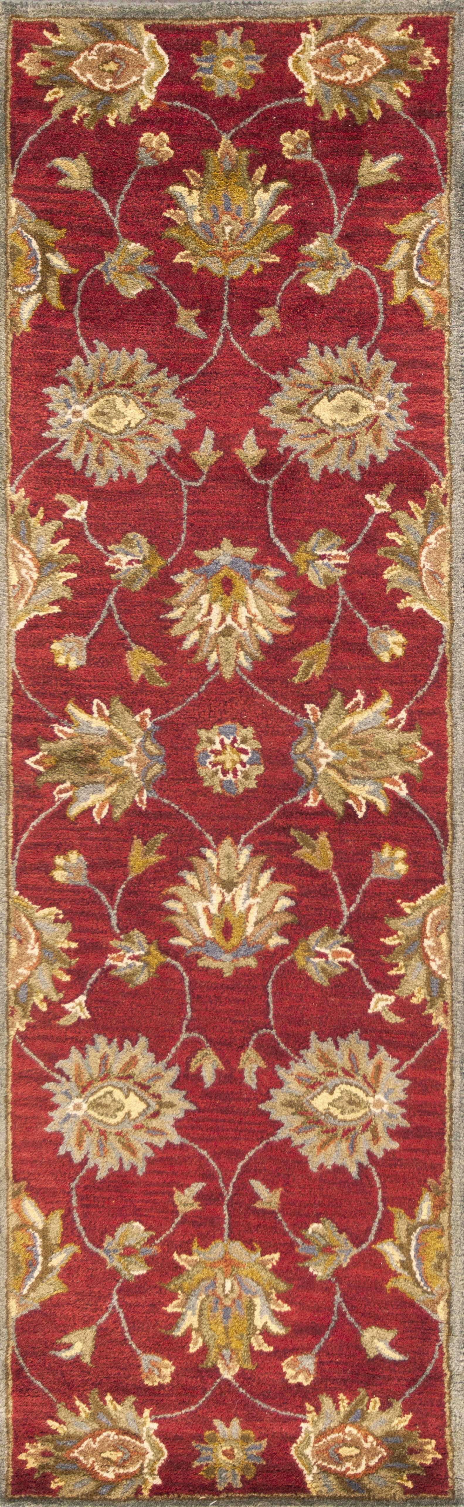HomeRoots 2' x 7' Red Floral Vines Bordered Wool Runner Rug