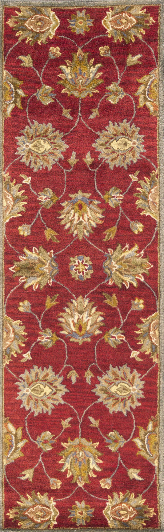 HomeRoots 2' x 7' Red Floral Vines Bordered Wool Runner Rug