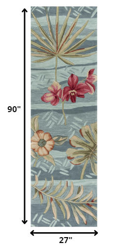 HomeRoots 2' x 7' Seafoam Tropical Leaves Runner Rug