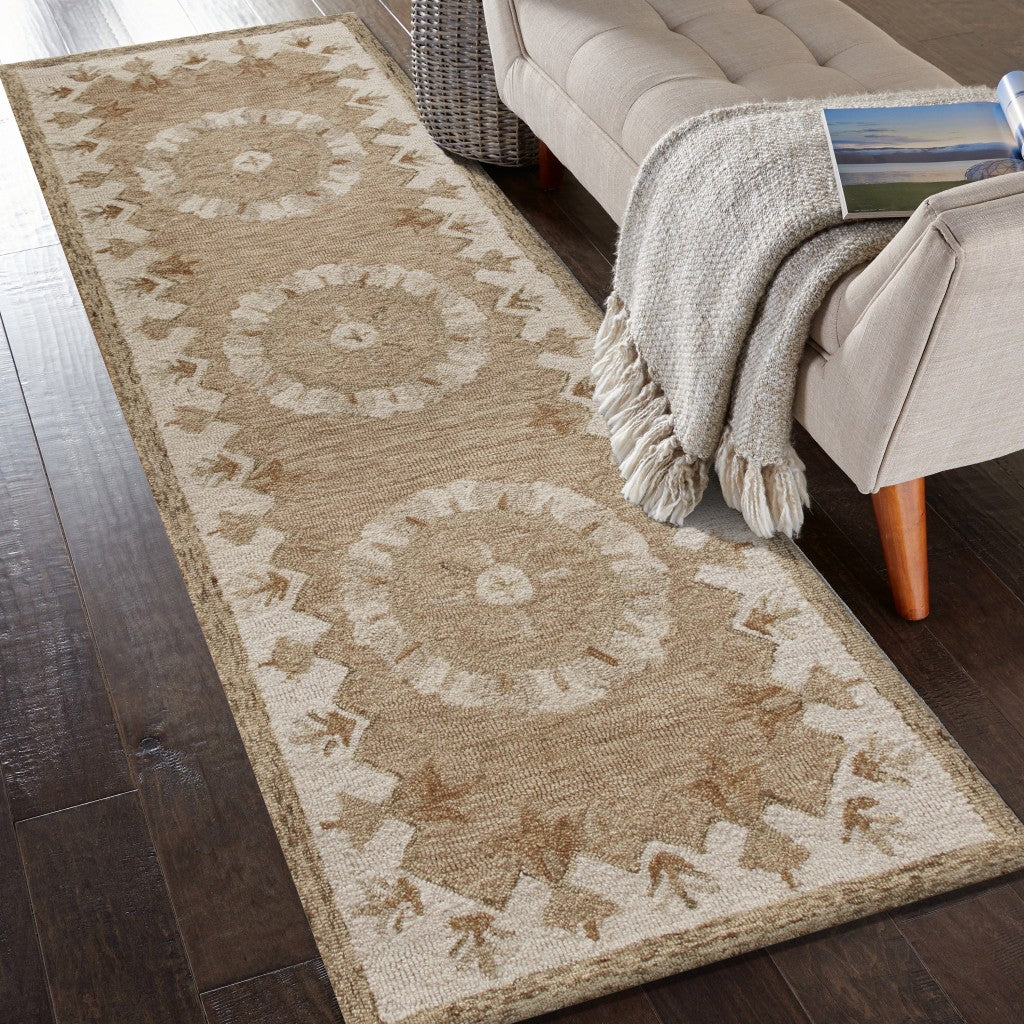 HomeRoots 2' x 7' Tan Retro Modern Medallion Runner Rug