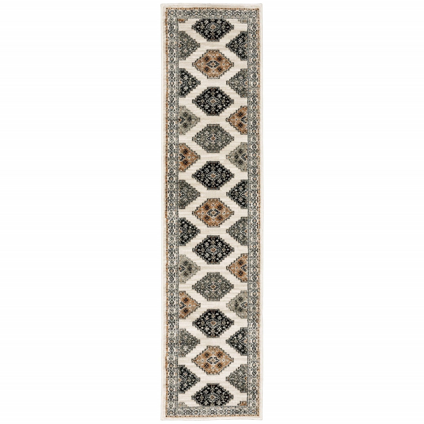 HomeRoots 2' x 8' Abstract Ivory and Gray Geometric Indoor Runner Rug