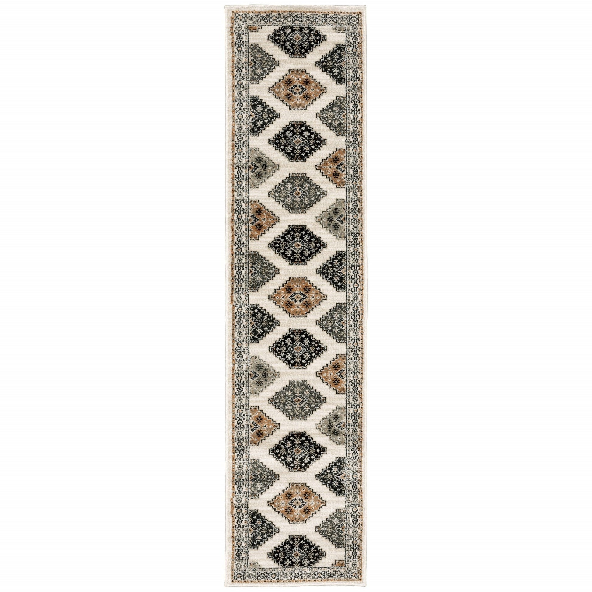 HomeRoots 2' x 8' Abstract Ivory and Gray Geometric Indoor Runner Rug