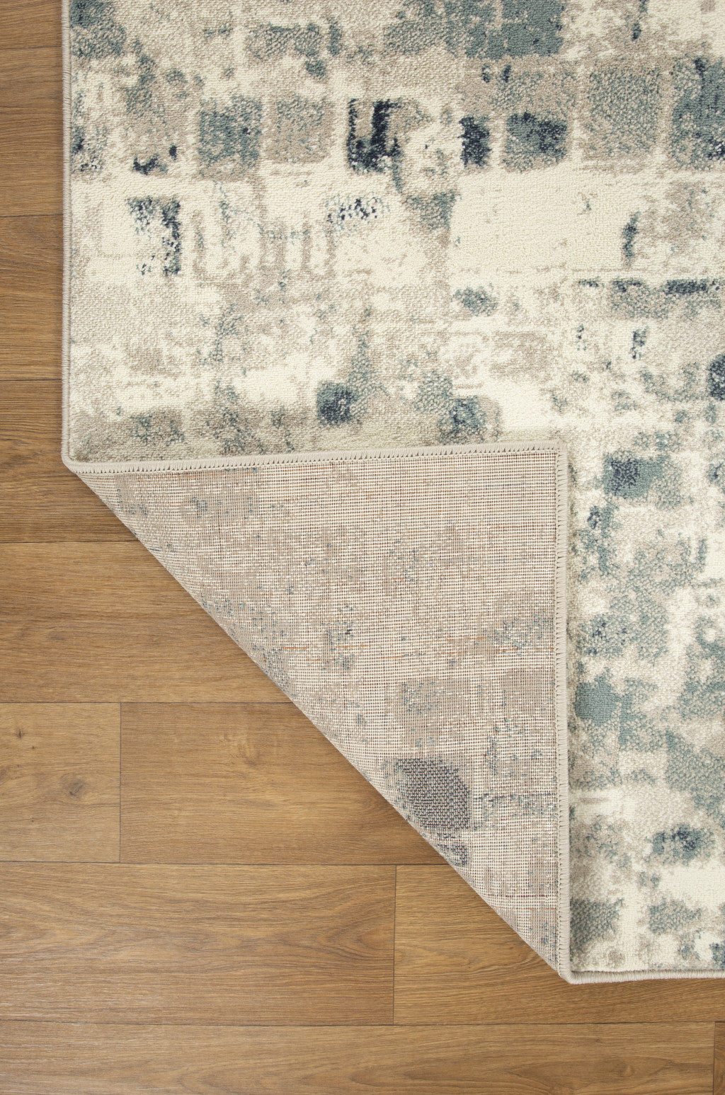 HomeRoots 2' x 8' Beige Blue Abstract Tiles Distressed Runner Rug