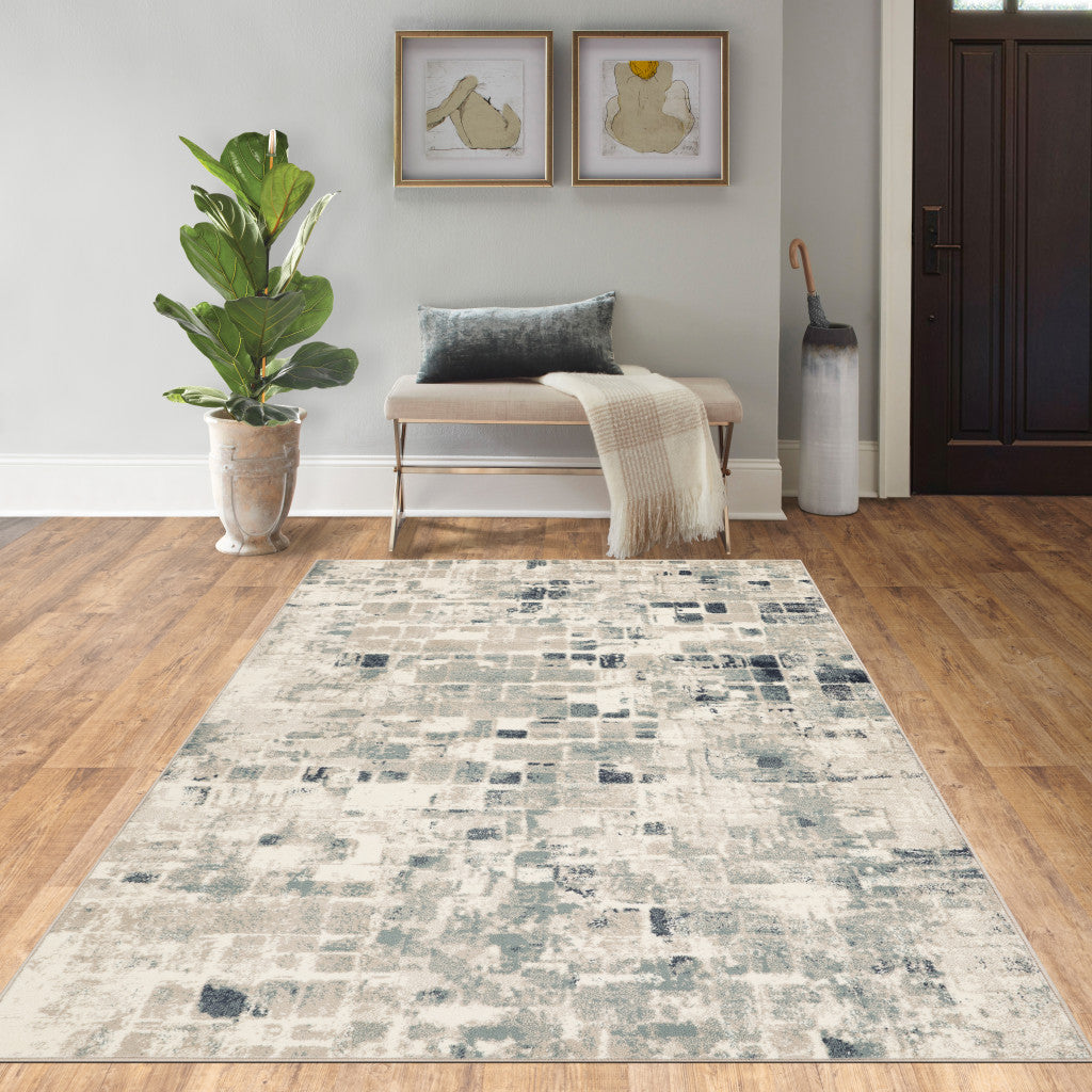 HomeRoots 2' x 8' Beige Blue Abstract Tiles Distressed Runner Rug