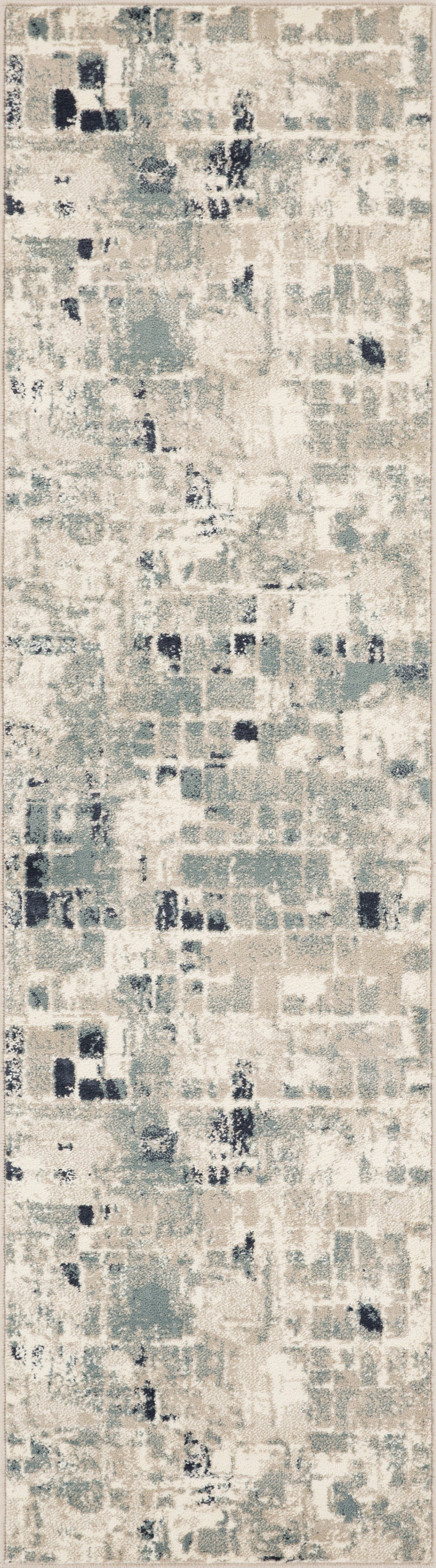 HomeRoots 2' x 8' Beige Blue Abstract Tiles Distressed Runner Rug