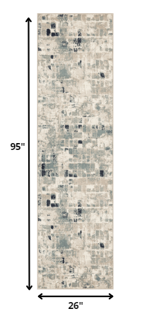 HomeRoots 2' x 8' Beige Blue Abstract Tiles Distressed Runner Rug