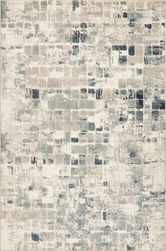 HomeRoots 2' x 8' Beige Blue Abstract Tiles Distressed Runner Rug