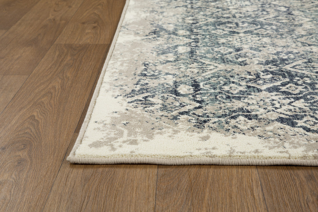 HomeRoots 2' x 8' Beige Blue Distressed Diamonds Runner Rug