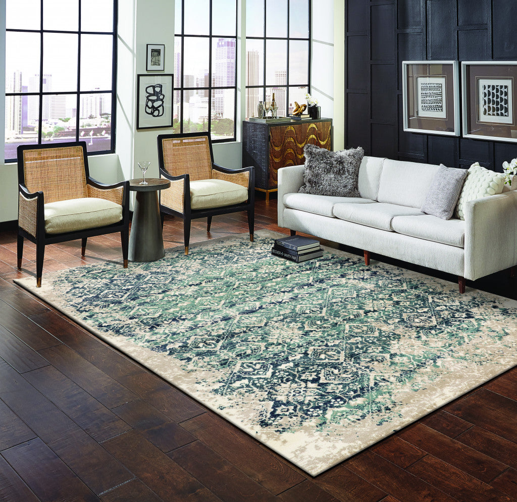 HomeRoots 2' x 8' Beige Blue Distressed Diamonds Runner Rug