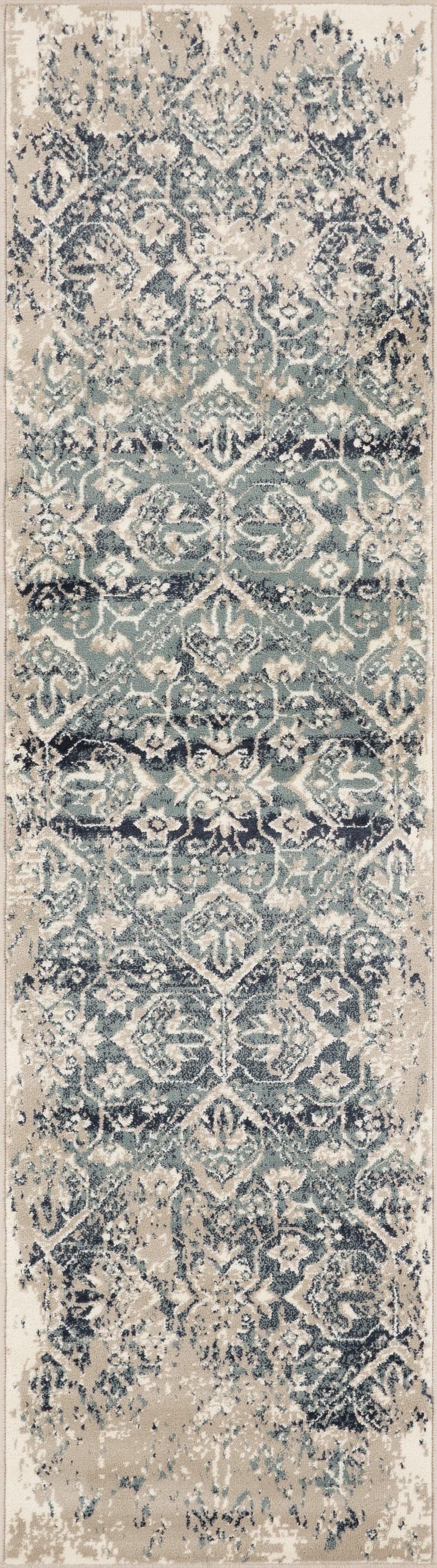 HomeRoots 2' x 8' Beige Blue Distressed Diamonds Runner Rug