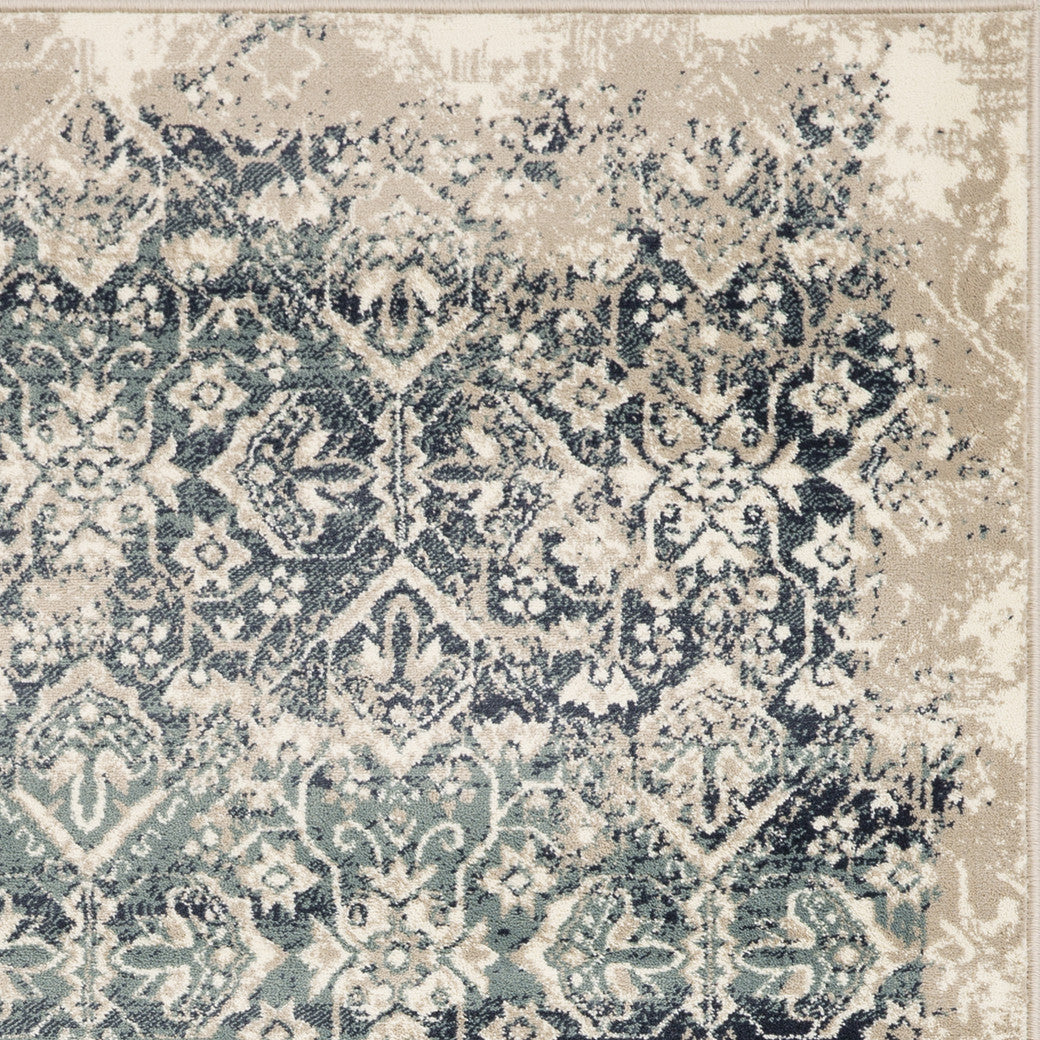 HomeRoots 2' x 8' Beige Blue Distressed Diamonds Runner Rug
