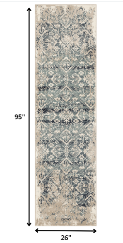 HomeRoots 2' x 8' Beige Blue Distressed Diamonds Runner Rug