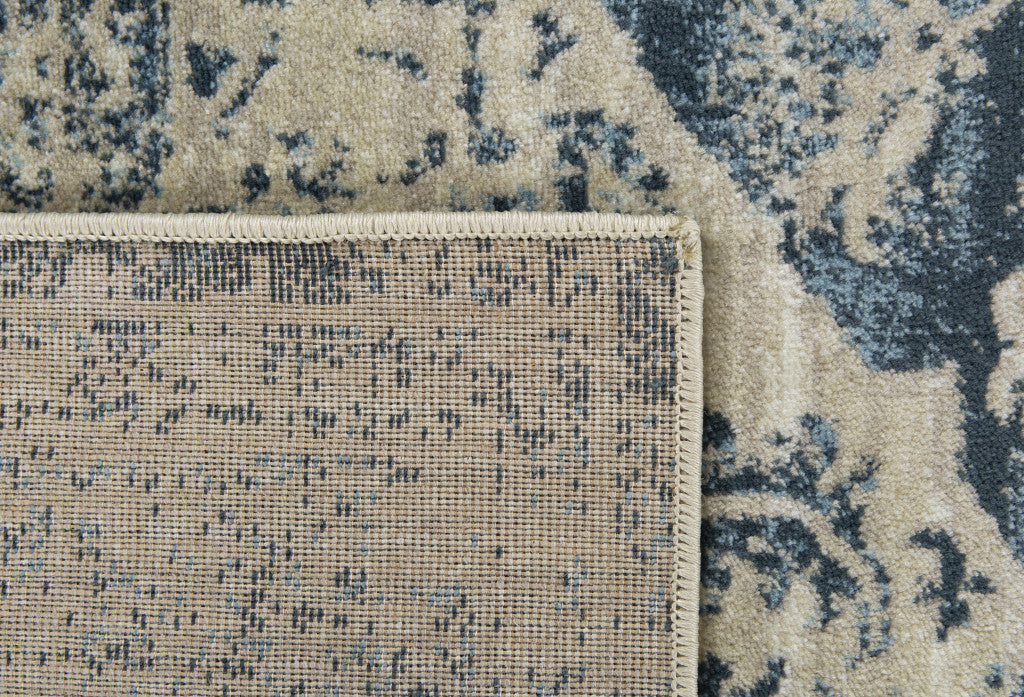 HomeRoots 2' x 8' Beige Blue Distressed Medallion Runner Rug