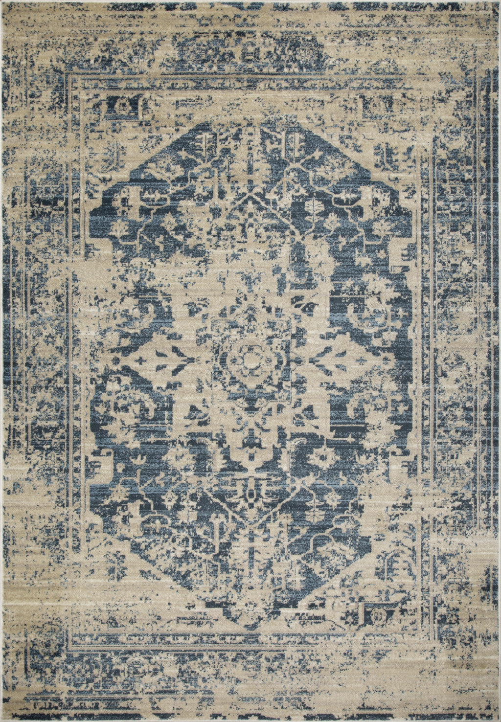 HomeRoots 2' x 8' Beige Blue Distressed Medallion Runner Rug