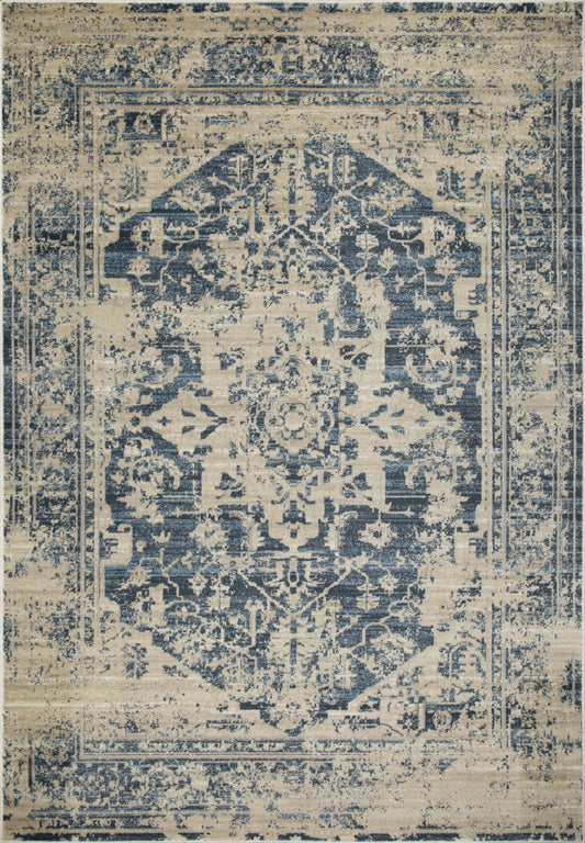 HomeRoots 2' x 8' Beige Blue Distressed Medallion Runner Rug