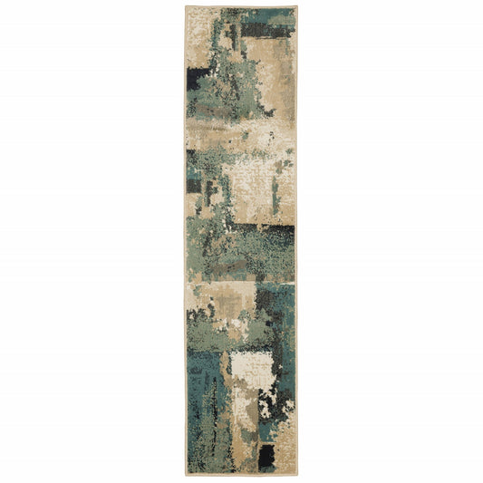 HomeRoots 2' x 8' Beige and Blue Block Indoor Runner Rug
