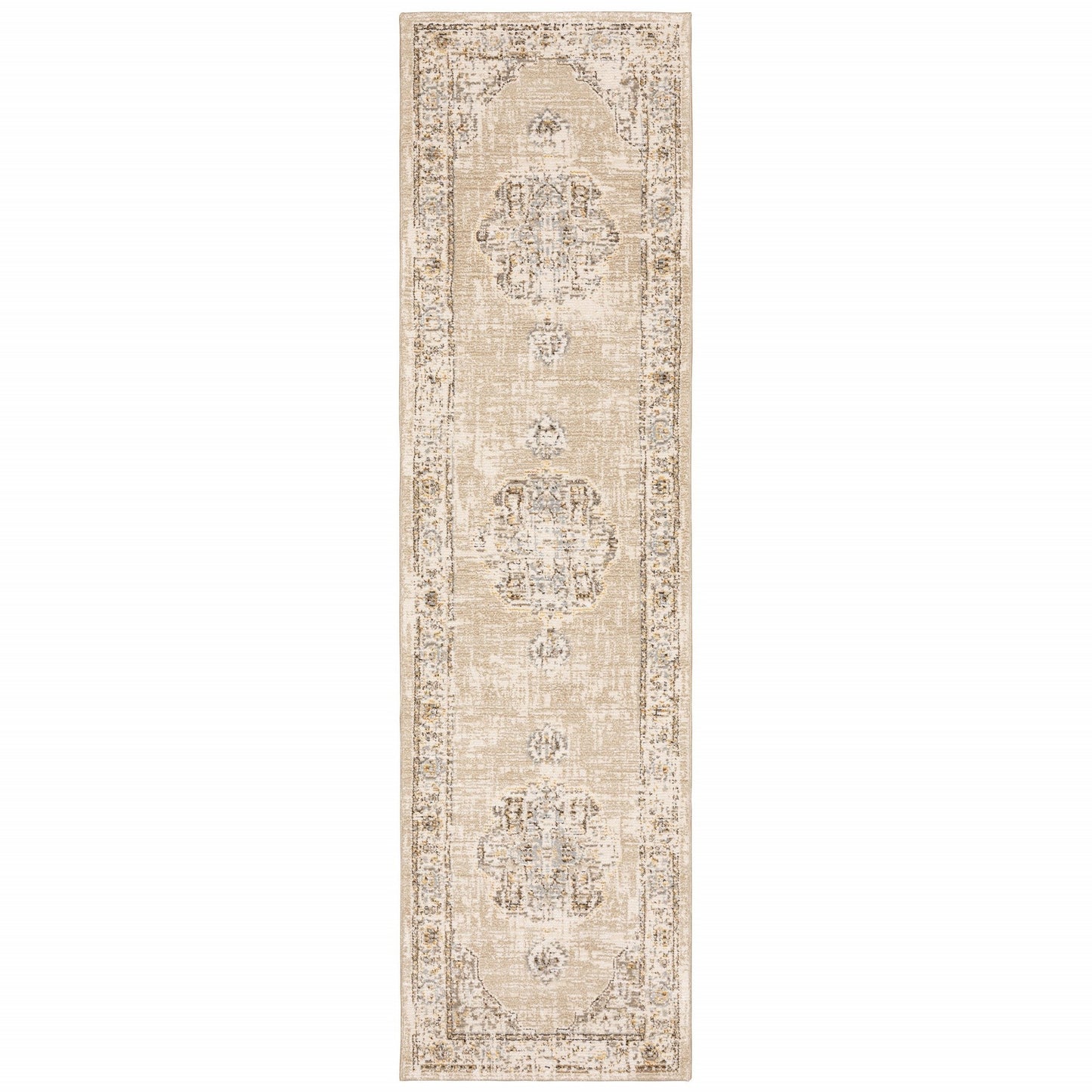 HomeRoots 2' x 8' Beige and Ivory Center Jewel Runner Rug
