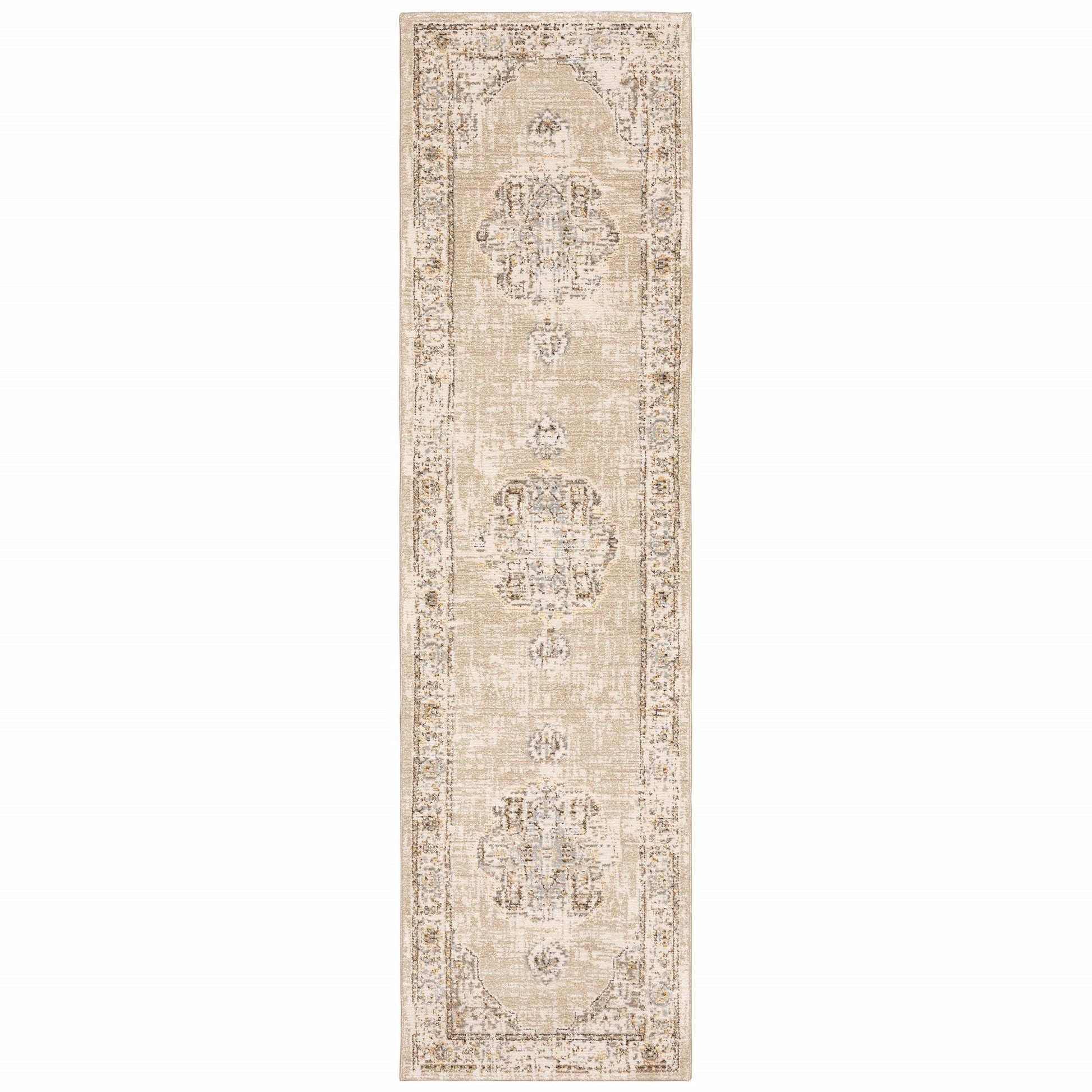 HomeRoots 2' x 8' Beige and Ivory Center Jewel Runner Rug