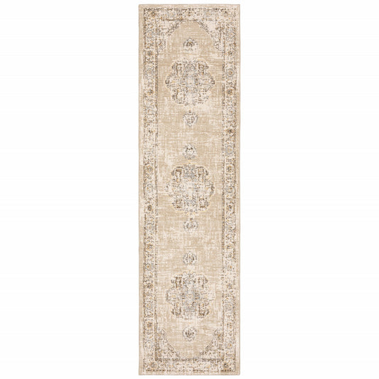 HomeRoots 2' x 8' Beige and Ivory Center Jewel Runner Rug
