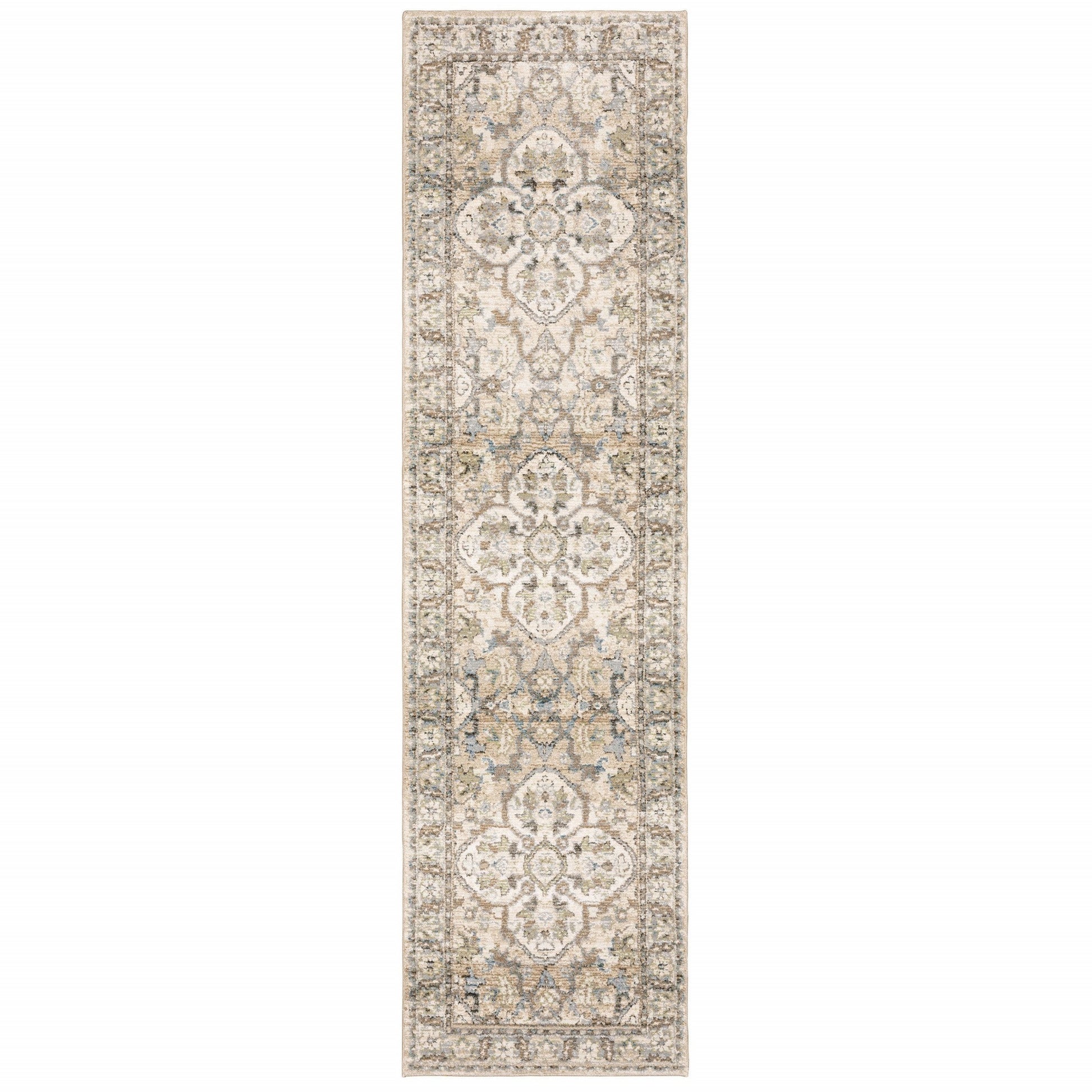 HomeRoots 2' x 8' Beige and Ivory Medallion Runner Rug