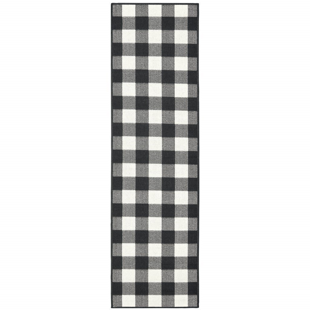 HomeRoots 2’ x 8’ Black and Ivory Gingham Indoor Outdoor Runner Rug