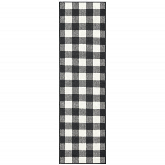 HomeRoots 2’ x 8’ Black and Ivory Gingham Indoor Outdoor Runner Rug