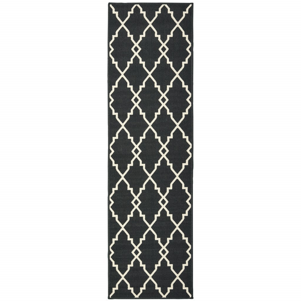 HomeRoots 2' x 8' Black and Ivory Trellis Indoor Outdoor Runner Rug