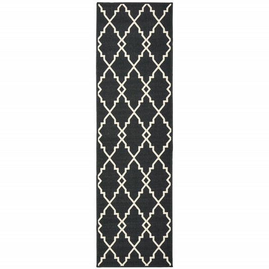 HomeRoots 2' x 8' Black and Ivory Trellis Indoor Outdoor Runner Rug