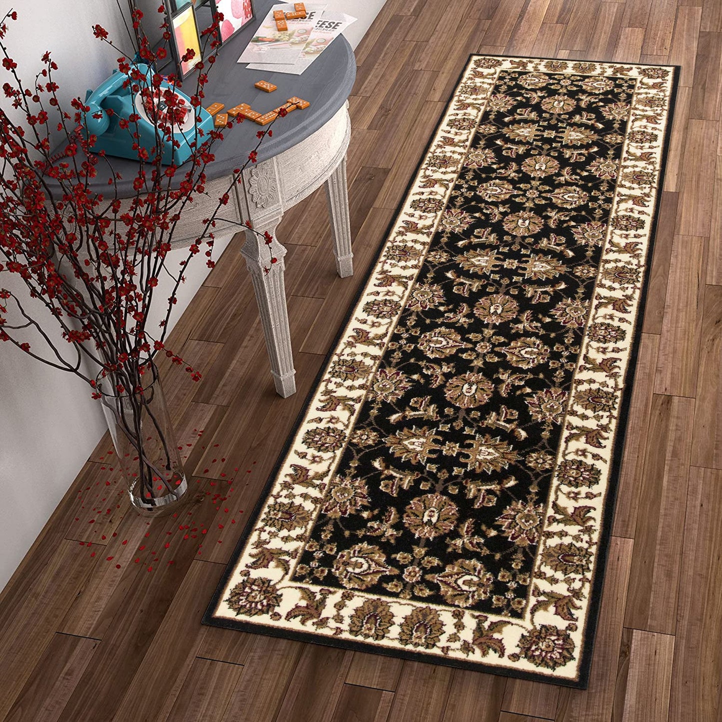 HomeRoots 2' x 8' Black or Ivory Traditional Bordered Rug
