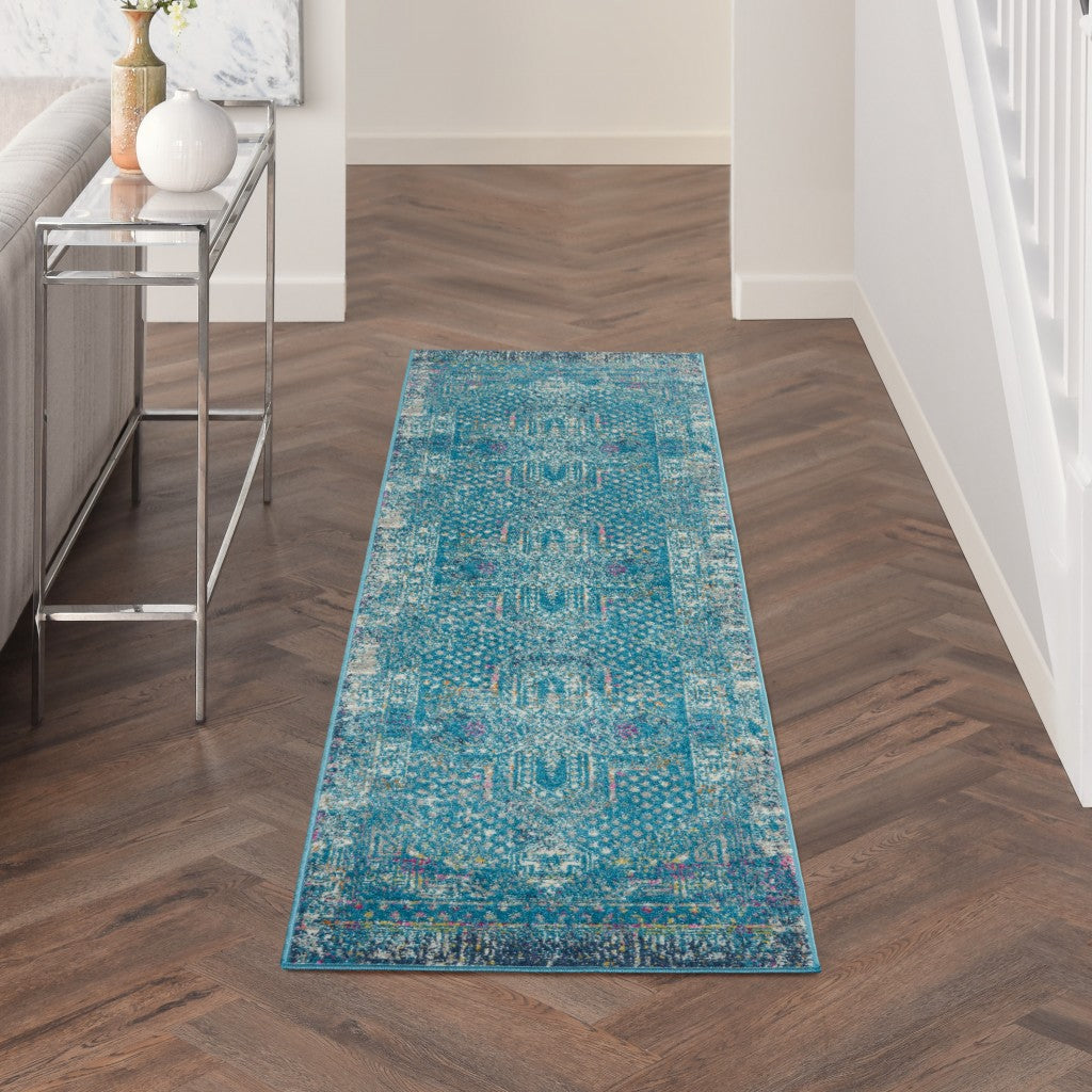 HomeRoots 2' x 8' Blue Distressed Medallion Runner Rug