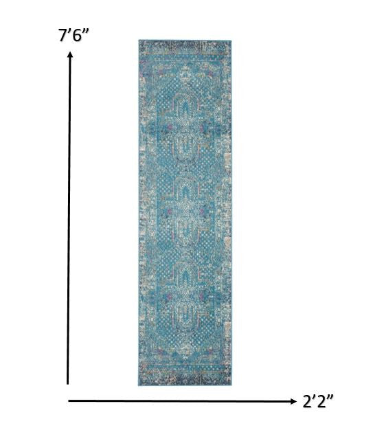 HomeRoots 2' x 8' Blue Distressed Medallion Runner Rug