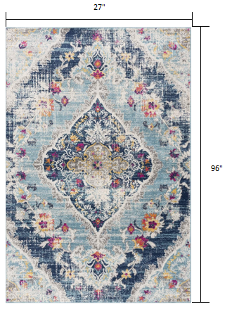 HomeRoots 2' x 8' Blue Distressed Medallion Runner Rug