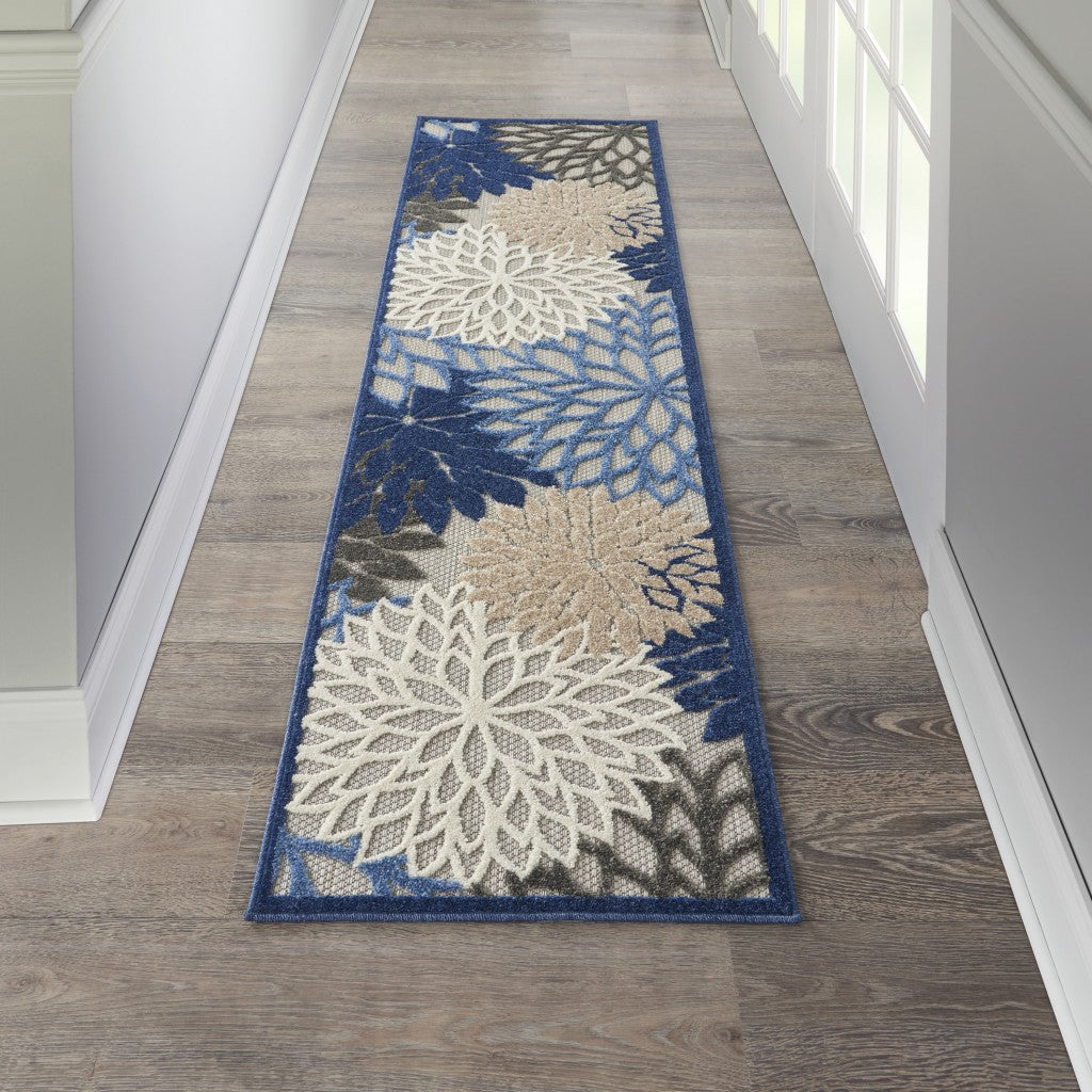HomeRoots 2’ x 8’ Blue Large Floral Indoor Outdoor Runner Rug
