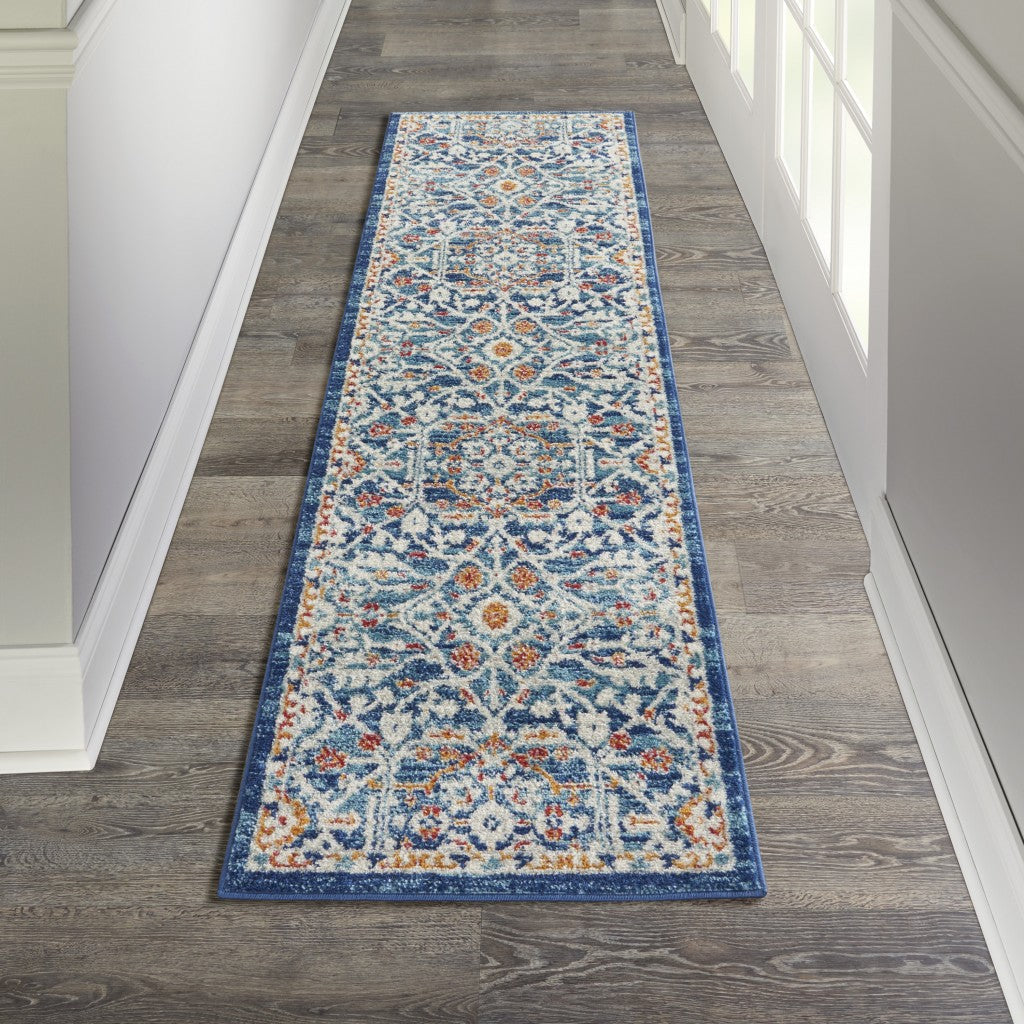 HomeRoots 2’ x 8’ Blue White Multi Medallion Runner Rug