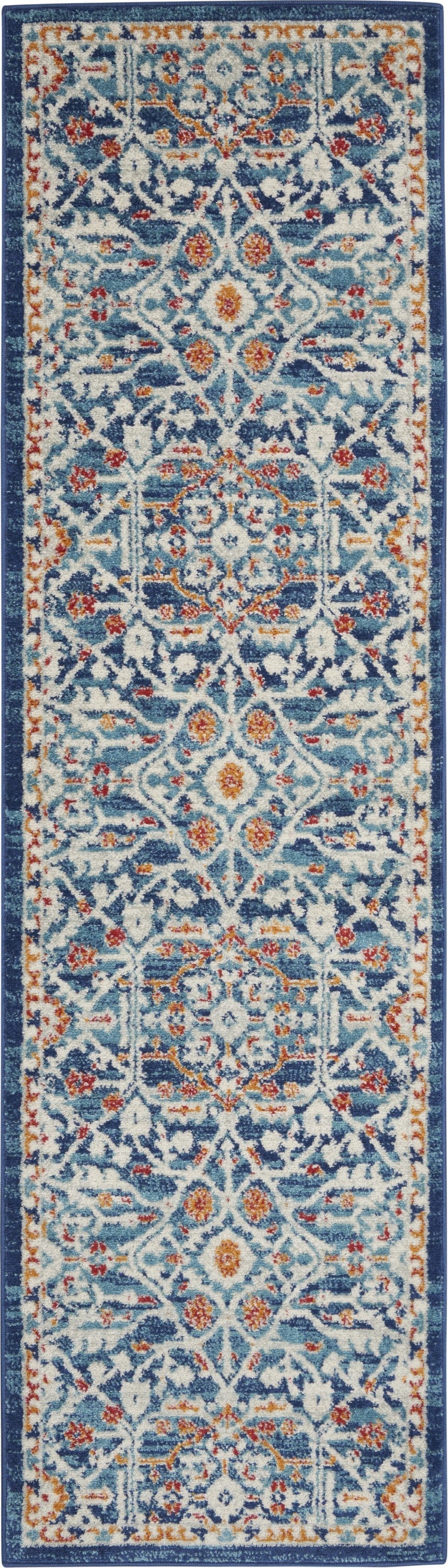 HomeRoots 2’ x 8’ Blue White Multi Medallion Runner Rug