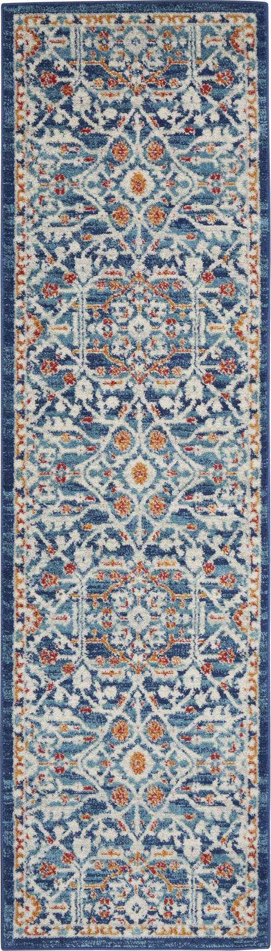 HomeRoots 2’ x 8’ Blue White Multi Medallion Runner Rug