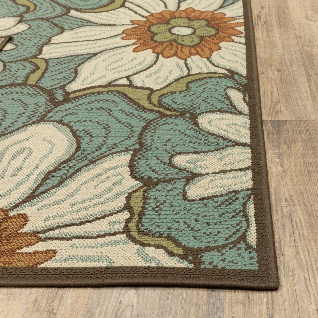 HomeRoots 2' x 8' Blue and Brown Floral Indoor Outdoor Runner Rug
