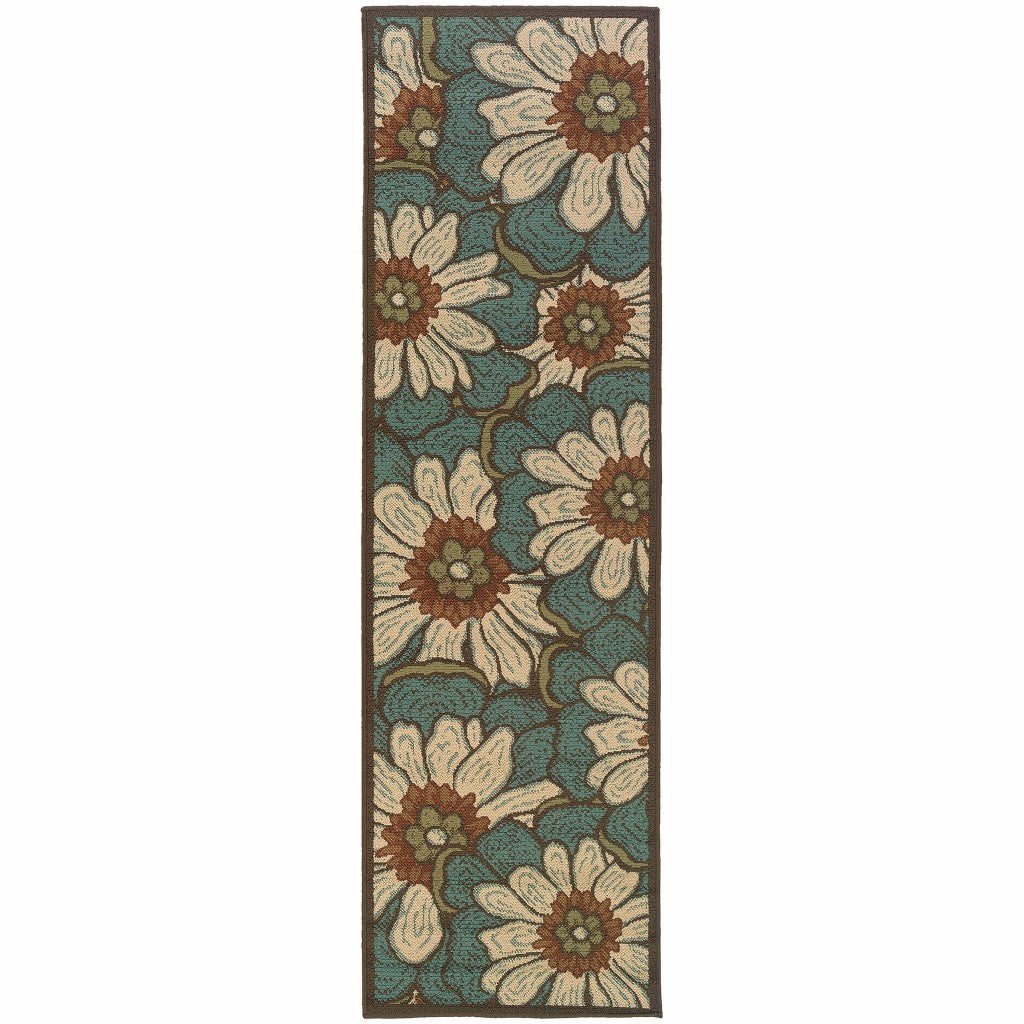 HomeRoots 2' x 8' Blue and Brown Floral Indoor Outdoor Runner Rug