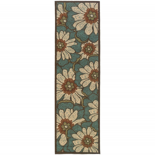 HomeRoots 2' x 8' Blue and Brown Floral Indoor Outdoor Runner Rug