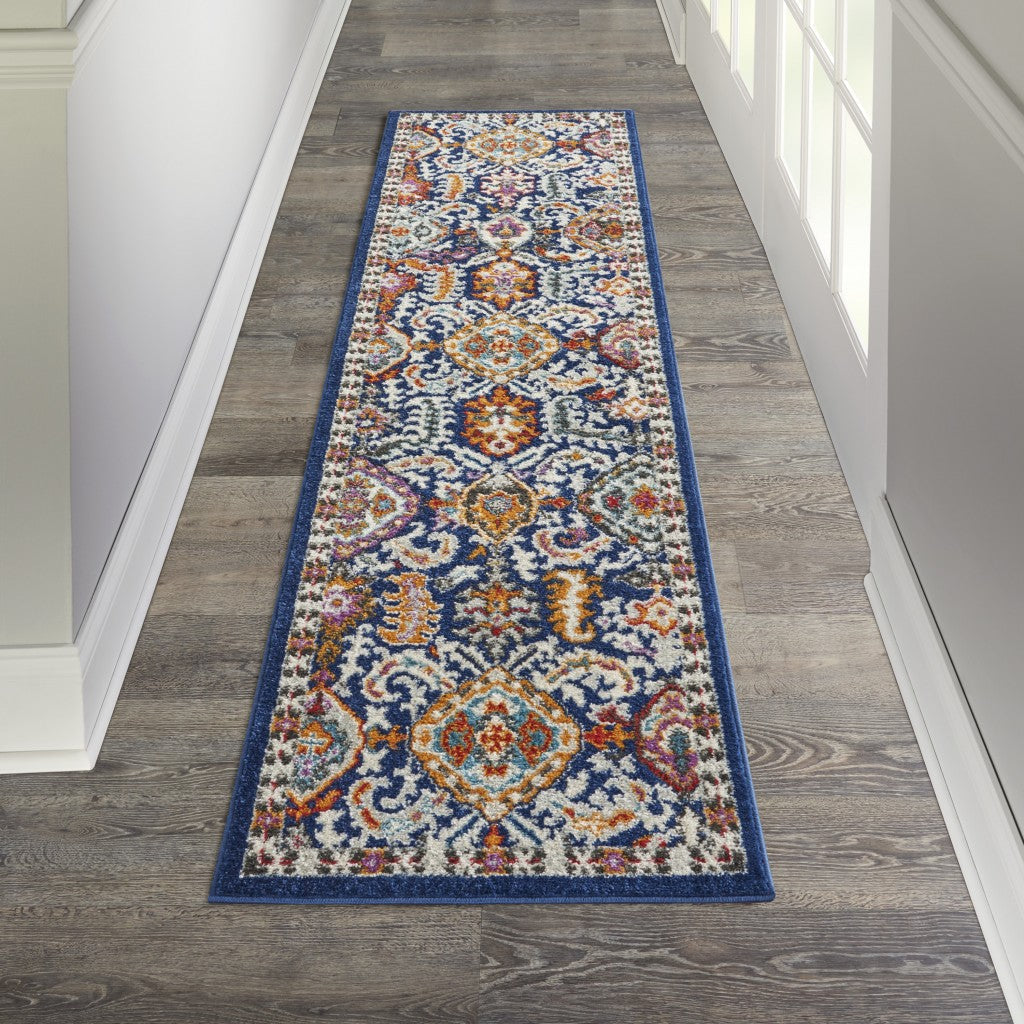 HomeRoots 2' x 8' Blue and Gold Intricate Runner Rug