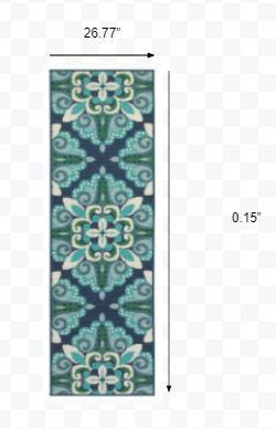 HomeRoots 2’ x 8’ Blue and Green Floral Indoor Outdoor Runner Rug