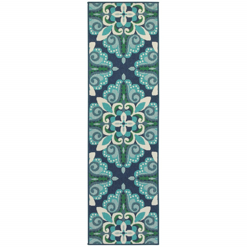 HomeRoots 2’ x 8’ Blue and Green Floral Indoor Outdoor Runner Rug