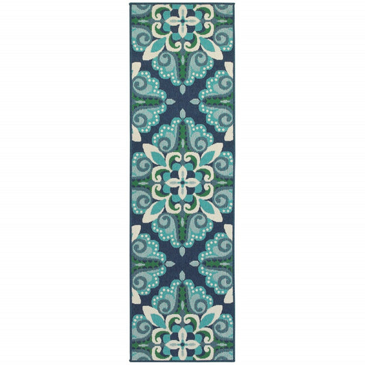 HomeRoots 2’ x 8’ Blue and Green Floral Indoor Outdoor Runner Rug