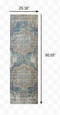HomeRoots 2' x 8' Blue and Ivory Medallion Runner Rug