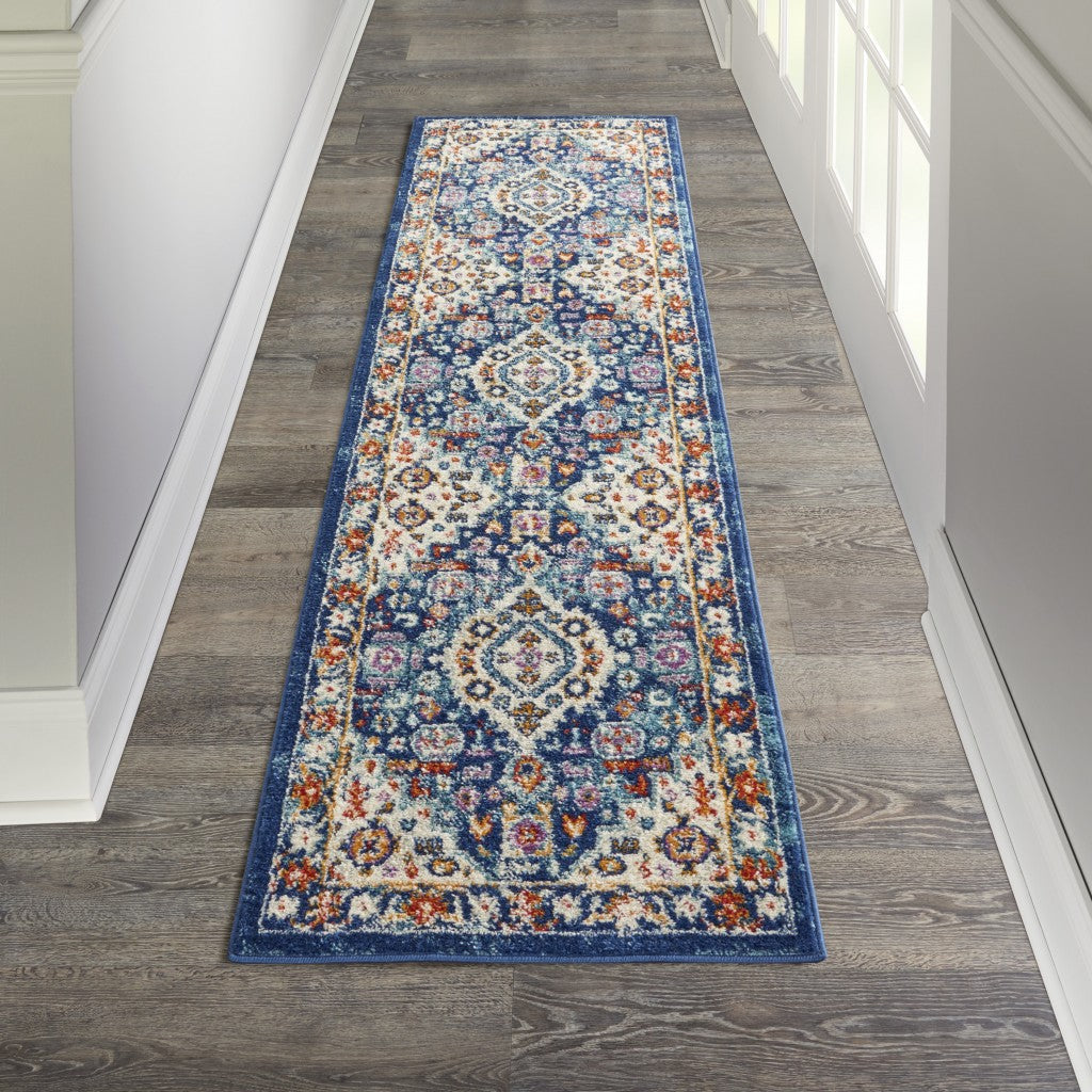 HomeRoots 2’ x 8’ Blue and Ivory Medallion Runner Rug